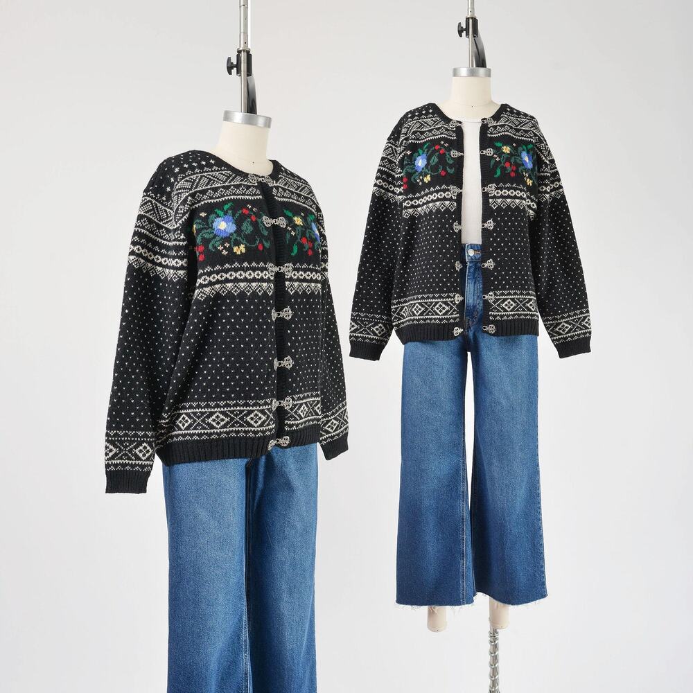 Vintage 90s Black Wool Cardigan Fair Isle Nordic Sweater Floral Norwegian M
